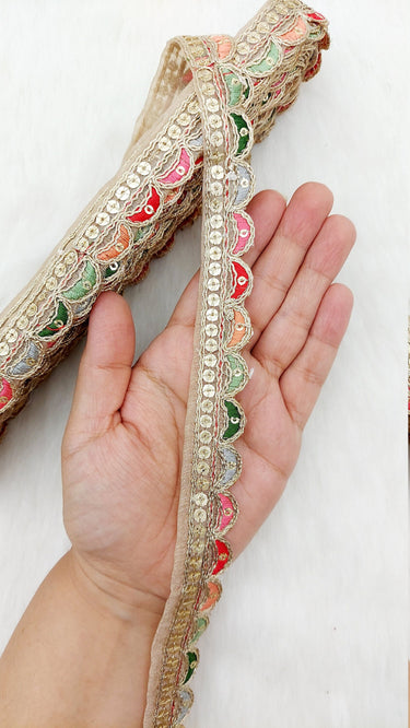 Beige Art Silk Scallop Fabric Lace Trim with Sequins and Multicolour Embroidery, Sari Border, Trim By 3 Yards